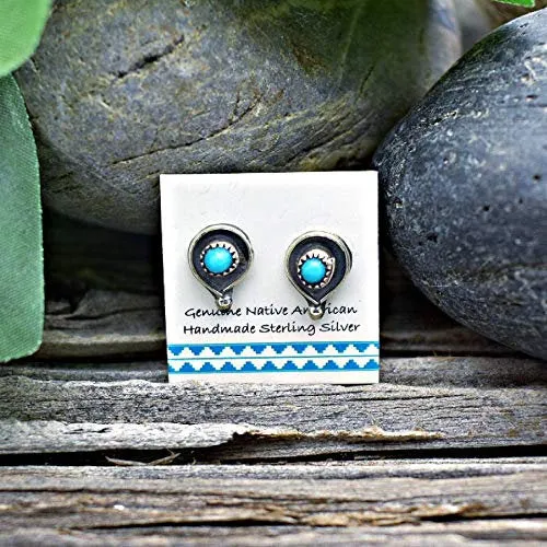 10mm Genuine Sleeping Beauty Turquoise Stud Earrings in 925 Sterling Silver, Authentic Native American Handmade, Nickel Free