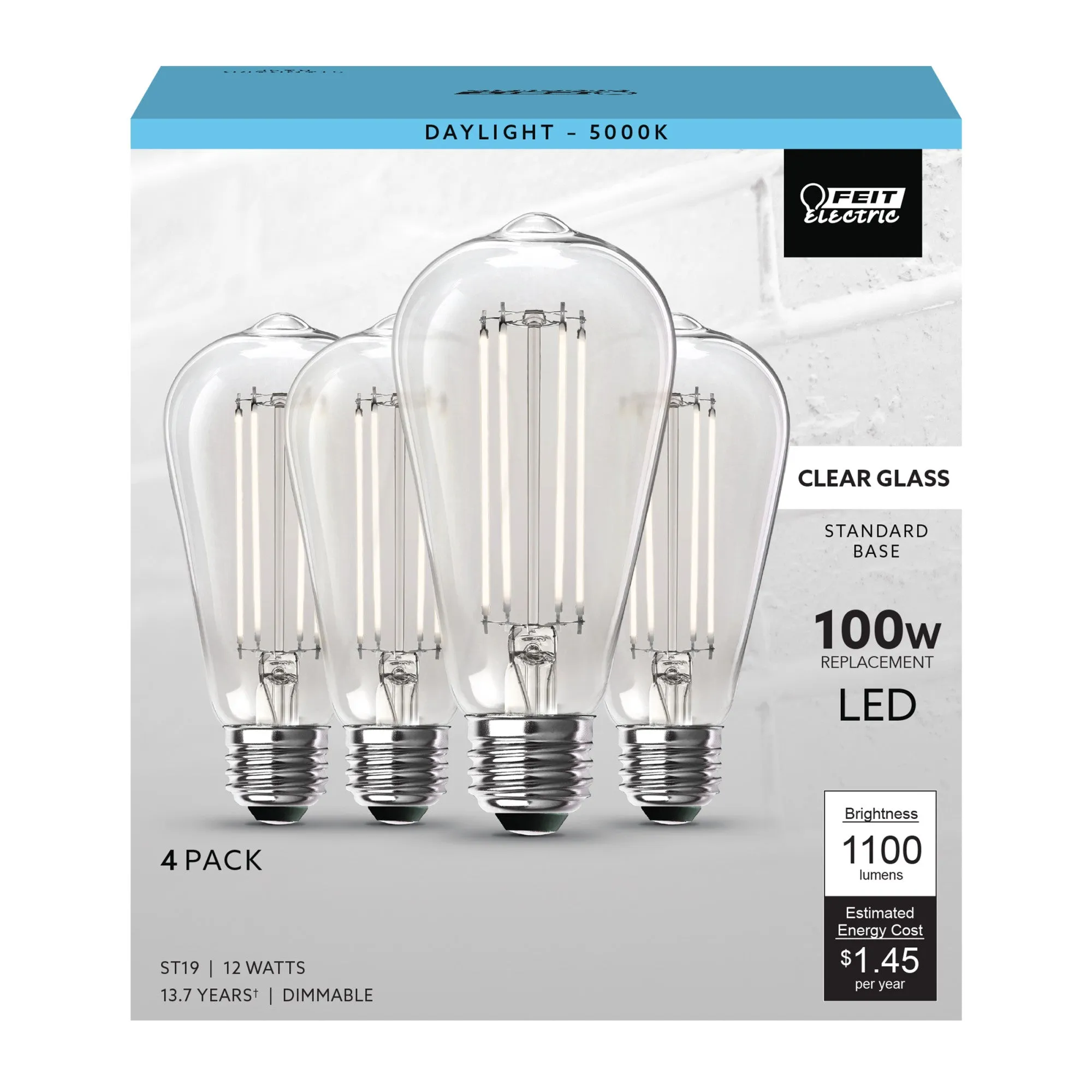 12W (100W Replacement) ST19 E26 Dimmable Straight Filament Clear Glass Vintage Edison LED Light Bulb, Daylight (4-Pack)