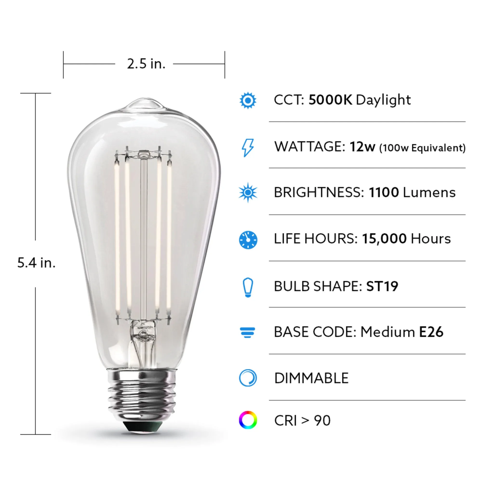 12W (100W Replacement) ST19 E26 Dimmable Straight Filament Clear Glass Vintage Edison LED Light Bulb, Daylight (4-Pack)