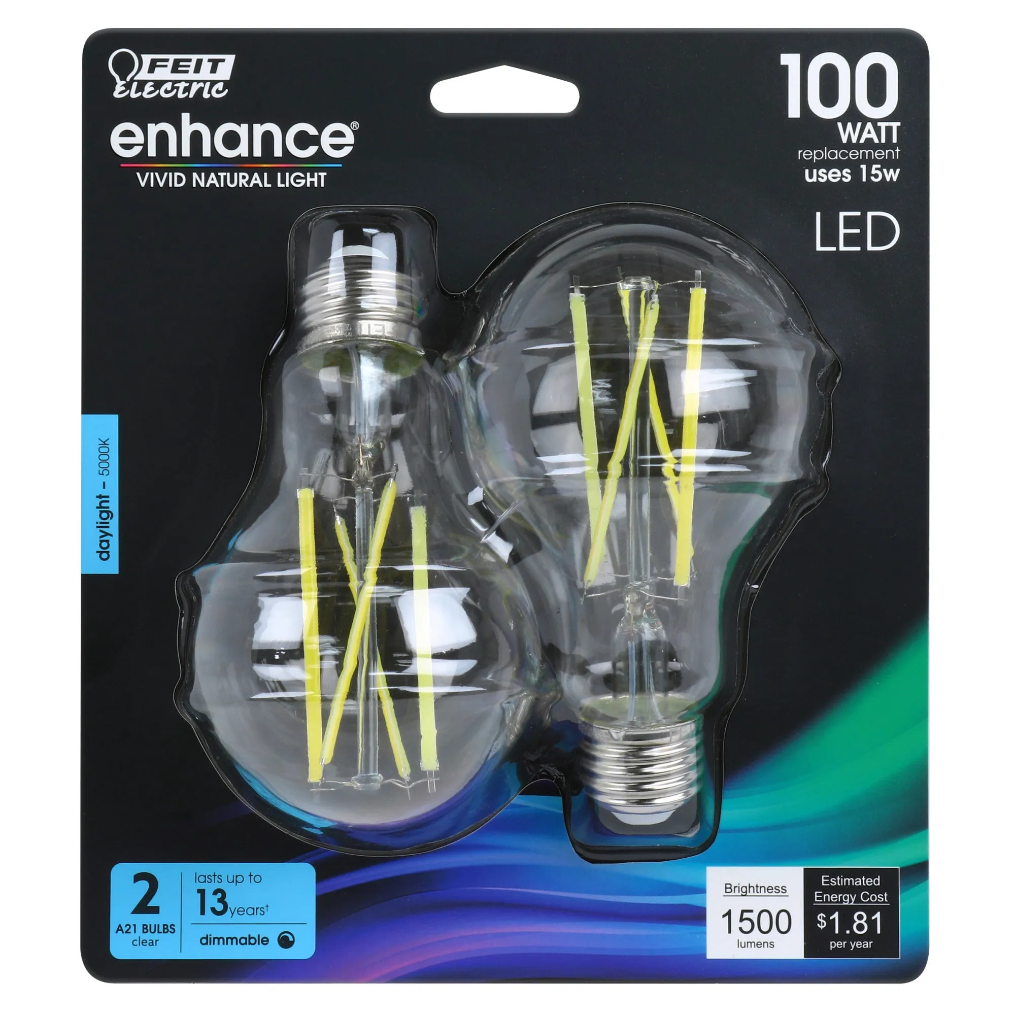 15W (100W Replacement) Daylight (5000K) E26 Base A21 Glass Filament Enhance LED (2-Pack)