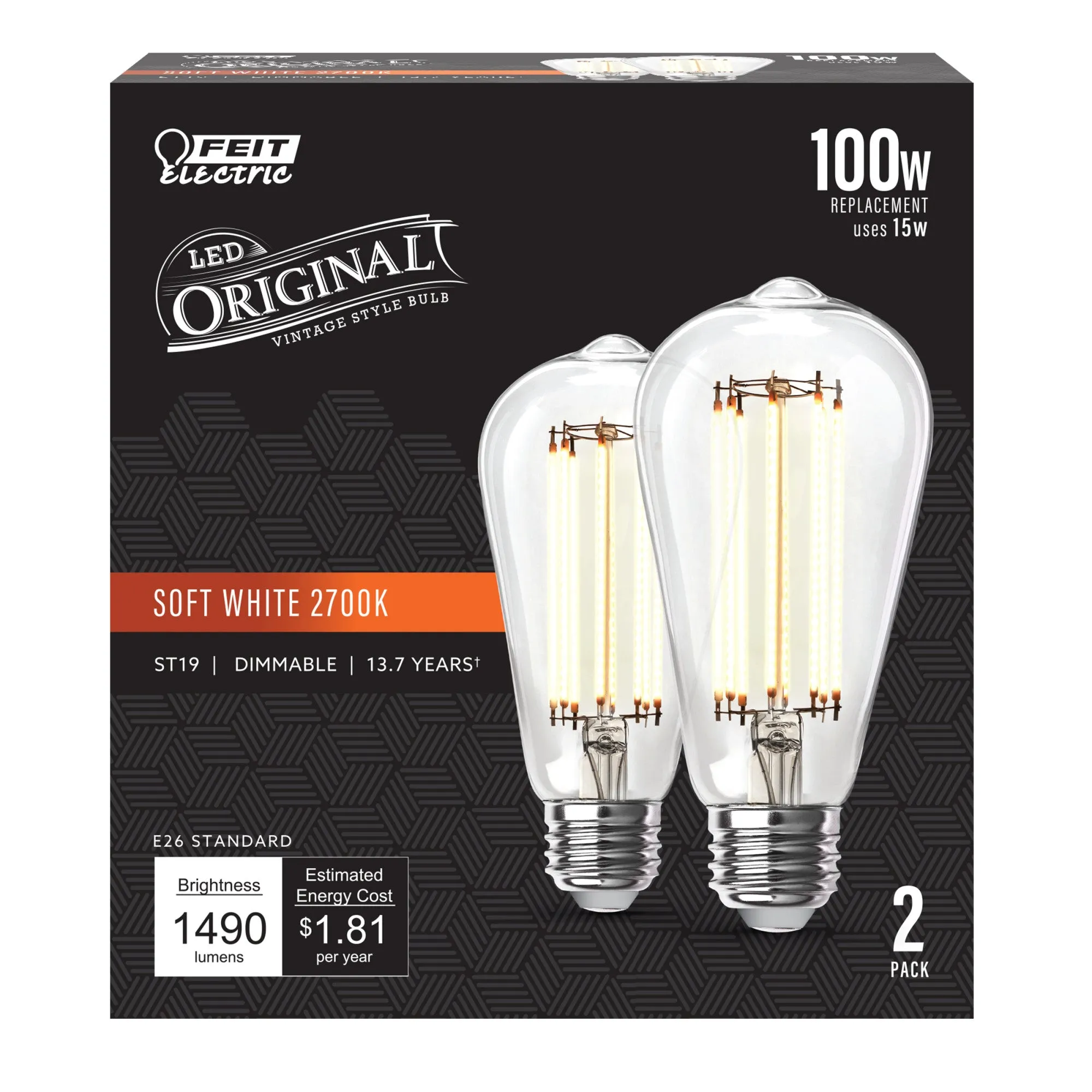 15W (100W Replacement) ST19 E26 Dimmable Straight Filament Clear Glass Original Vintage Edison LED Light Bulb, Soft White (2-Pack)