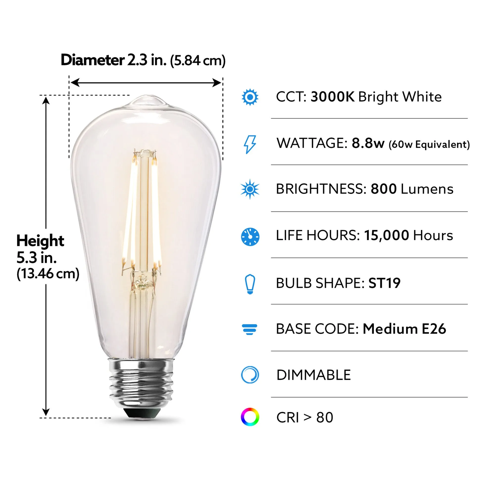 15W (100W Replacement) ST19 E26 Dimmable Straight Filament Clear Glass Original Vintage Edison LED Light Bulb, Soft White (2-Pack)