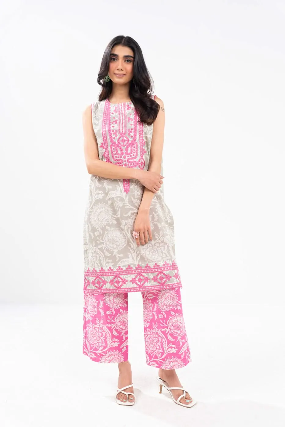 2 Piece embroidered Cambric Suit With Cambric Trouser