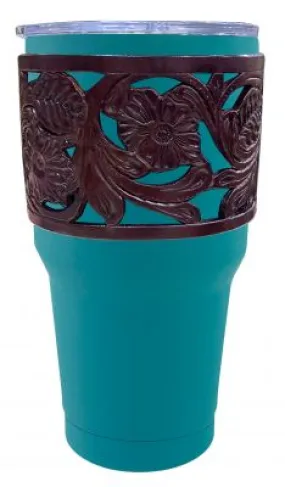 30 oz Tumbler ~ Teal W/Floral Leather