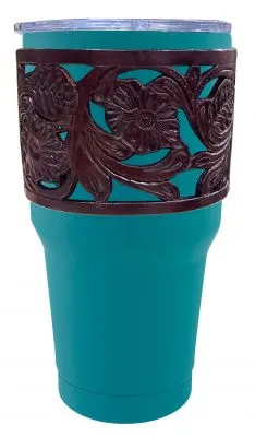 30 oz Tumbler ~ Teal W/Floral Leather