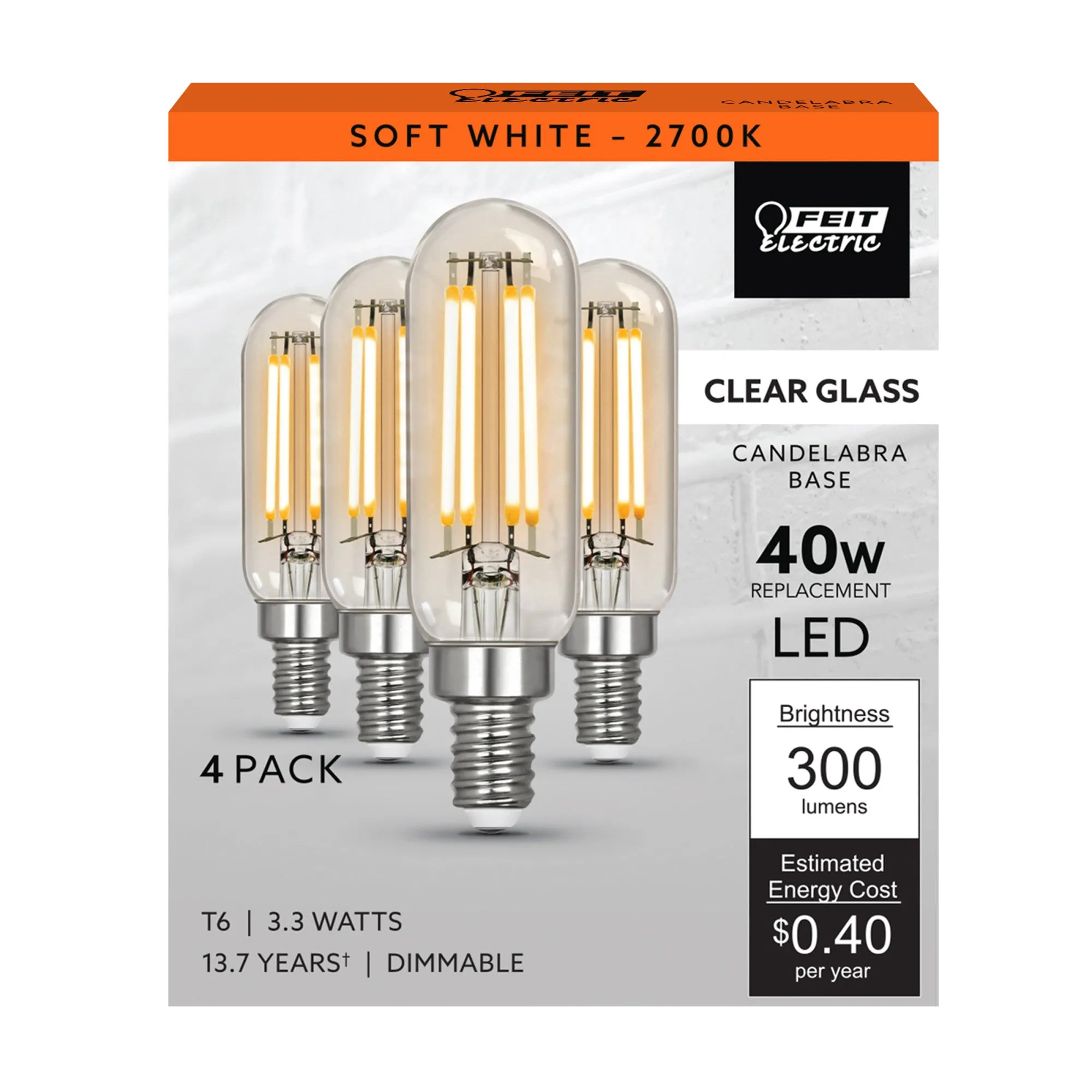 3.3W (40W Replacement) Soft White (2700K) E12 Base T6 Filament LED (4-Pack)