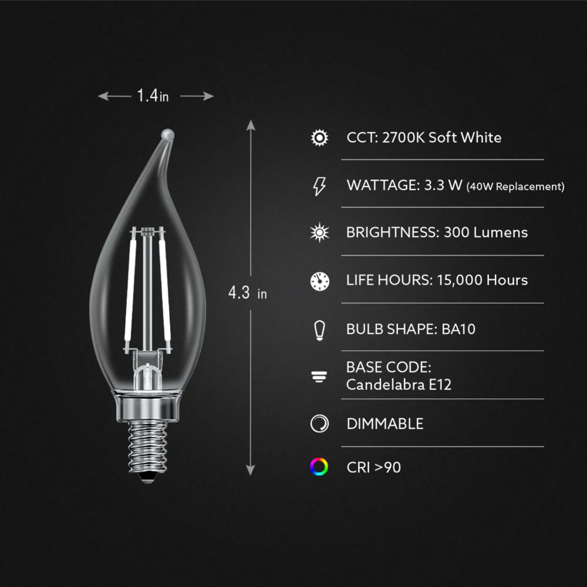 3.3W (40W Replacement) Soft White (2700K) Flame Tip BA10 (E12 Base) Exposed White Filament LED Bulb (3-Pack)