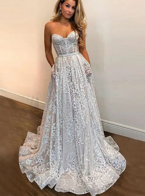 A-Line Sweetheart Sequins Long Prom Dress Lace Wedding Gown OW357