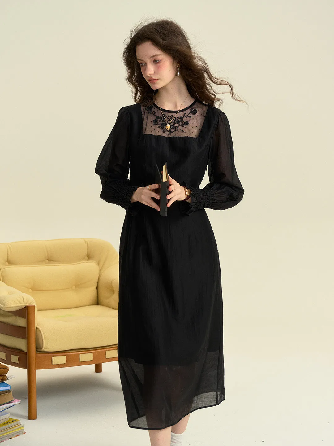 Ariella Round Neck Mesh Embroidered Puff Sleeve Dress