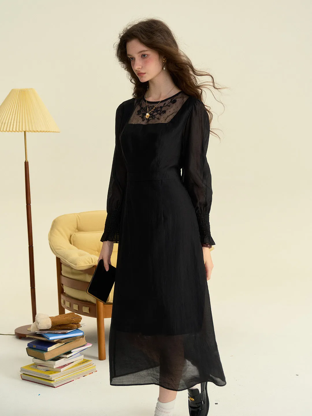 Ariella Round Neck Mesh Embroidered Puff Sleeve Dress