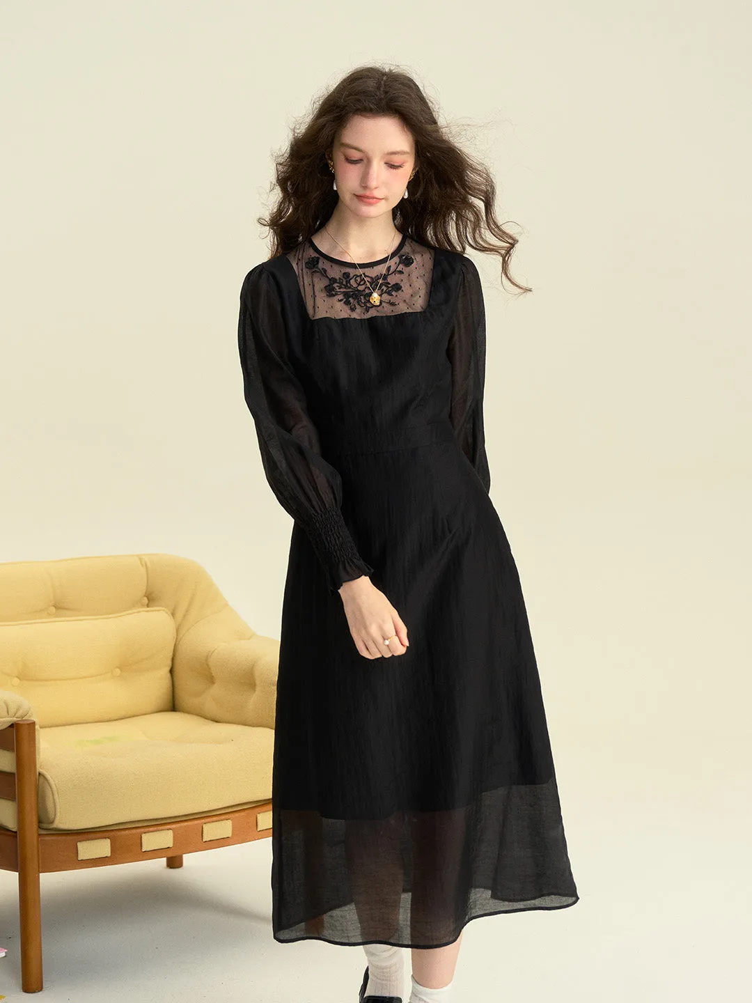 Ariella Round Neck Mesh Embroidered Puff Sleeve Dress