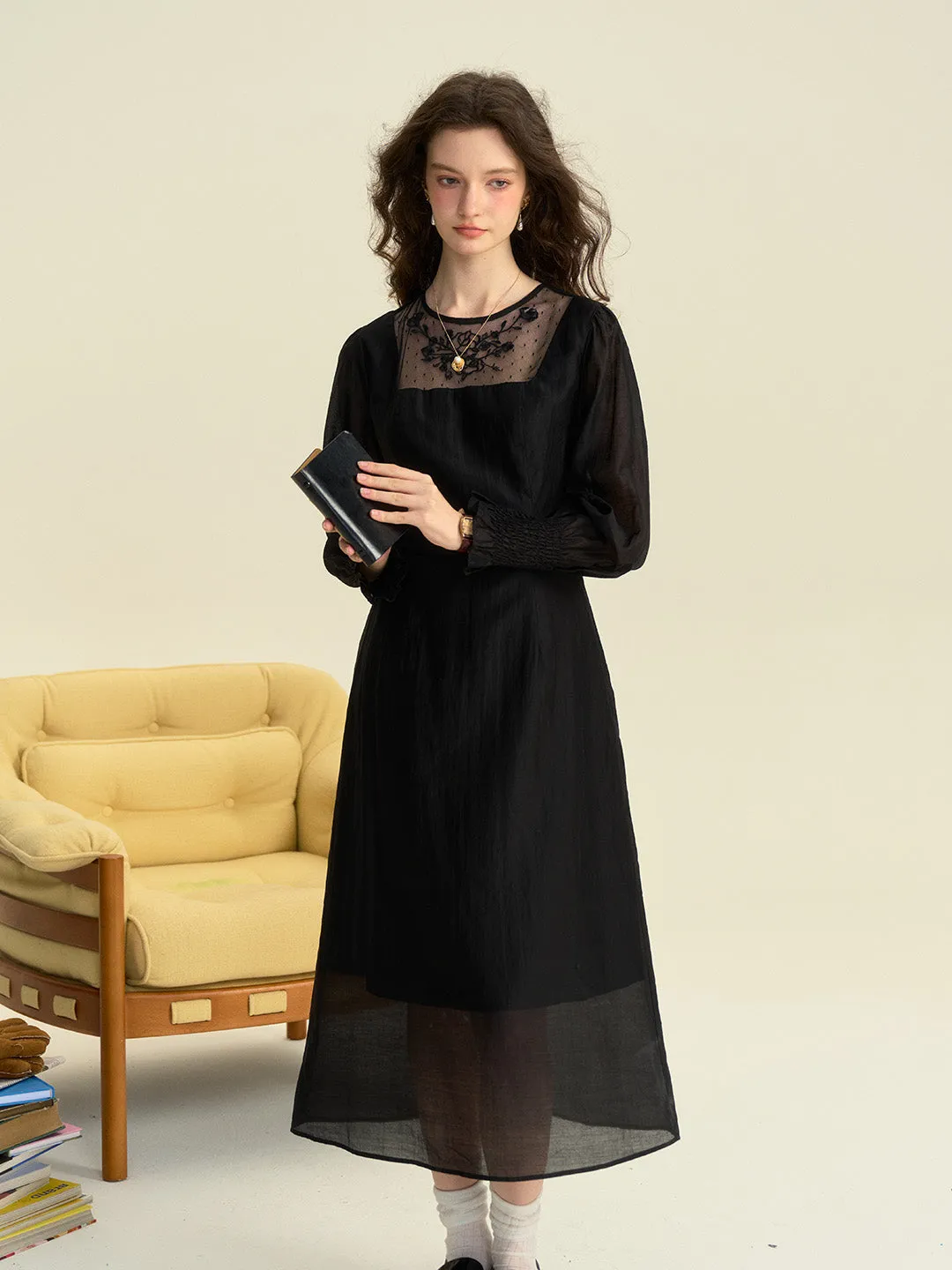 Ariella Round Neck Mesh Embroidered Puff Sleeve Dress