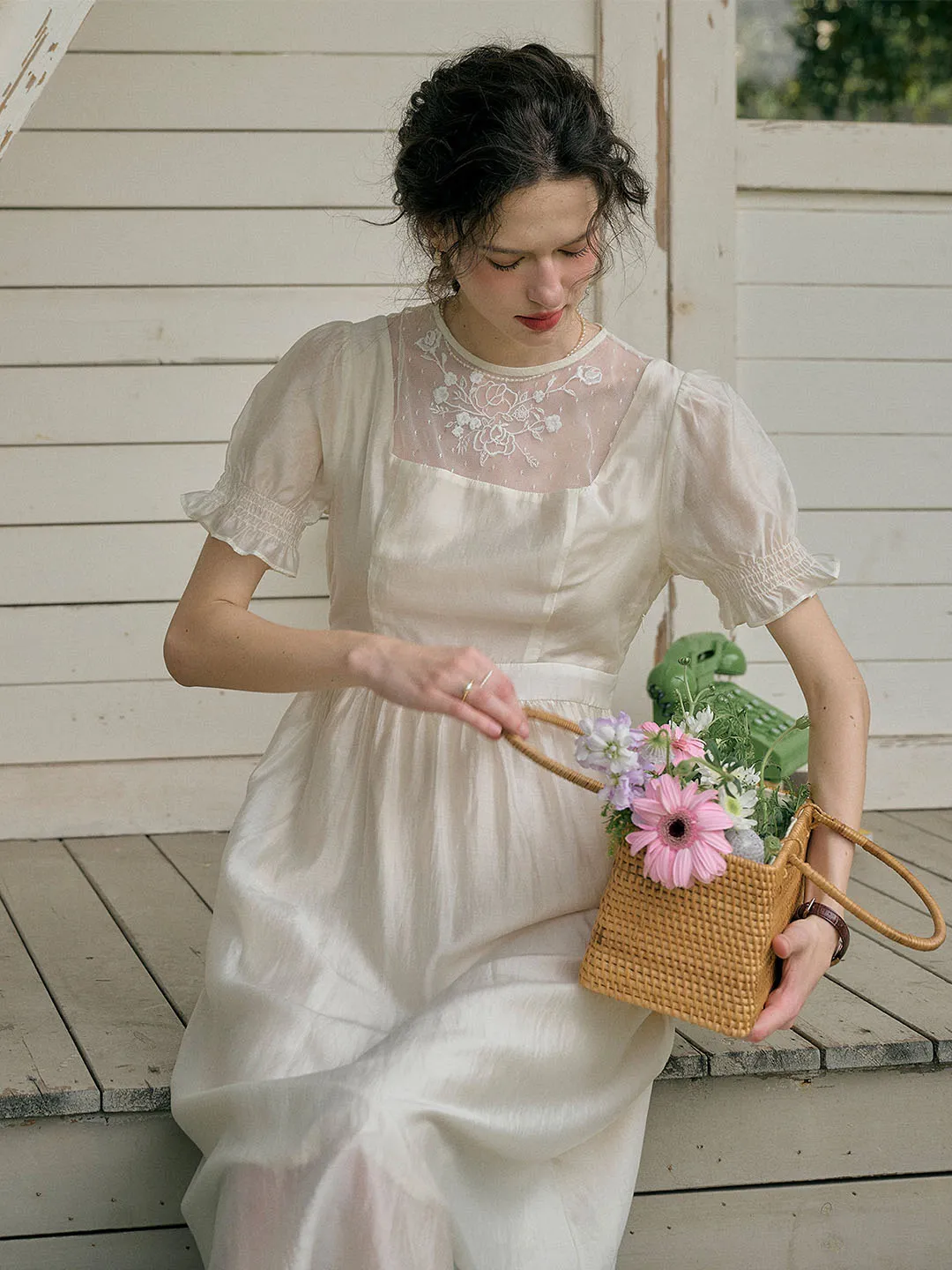 Ariella Round Neck Mesh Embroidered Puff Sleeve Dress