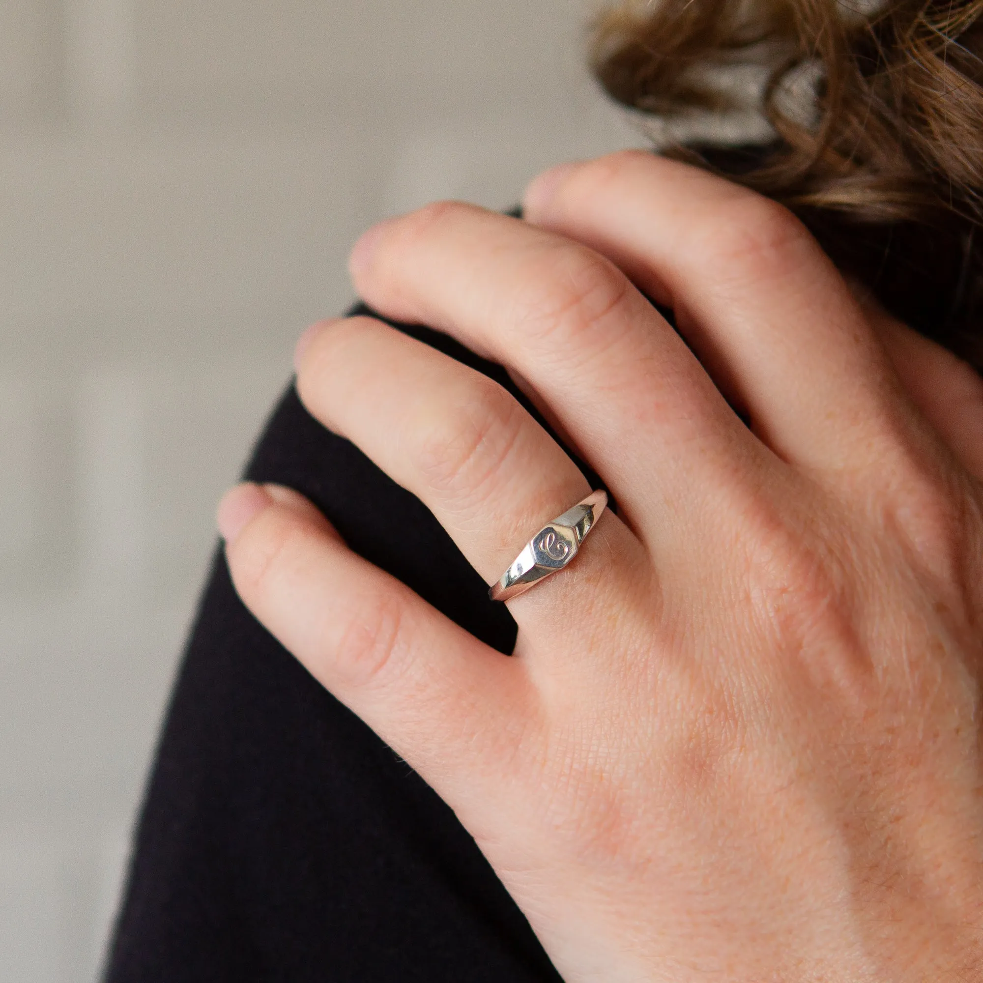 Astra Silver Signet Ring with Engraved Script Letter