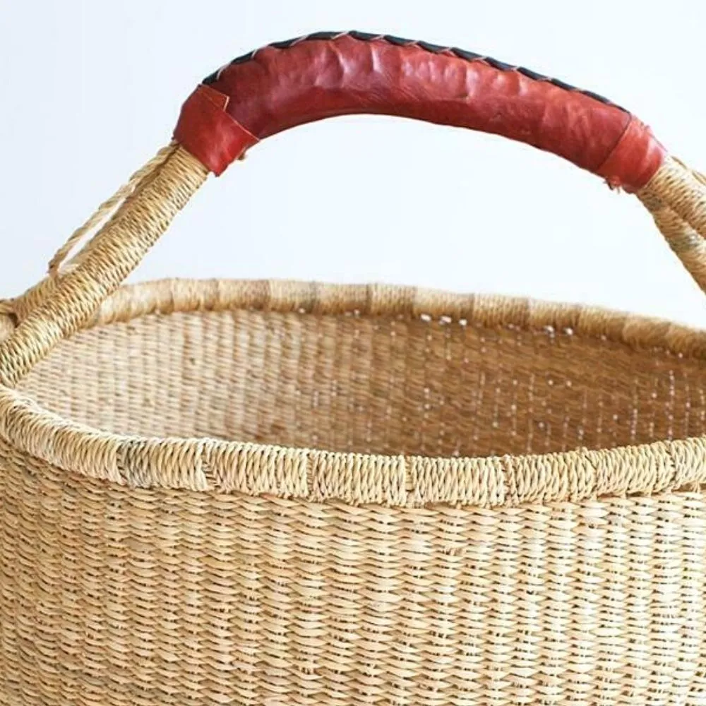 Bolga Medium Round Natural Basket with Leather Handle