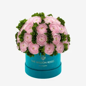 Classic Dark Green Suede Box | Light Pink Persian Buttercups & Green Hydrangeas