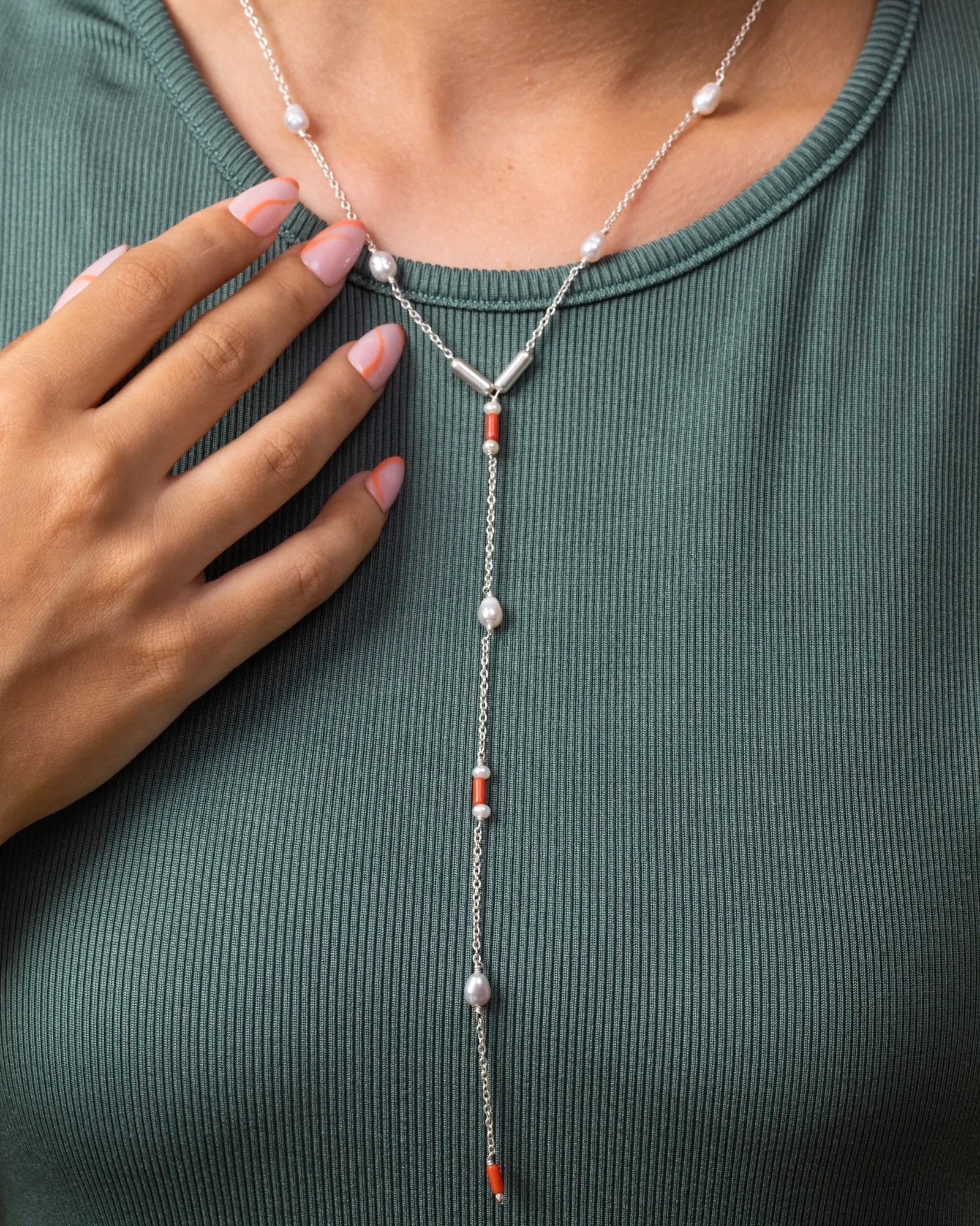 Coral And Pearl Stones Necklace