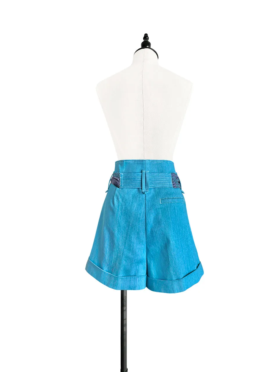 Crystal Teal Contrast Stitch Pleated Waist Belted Shorts