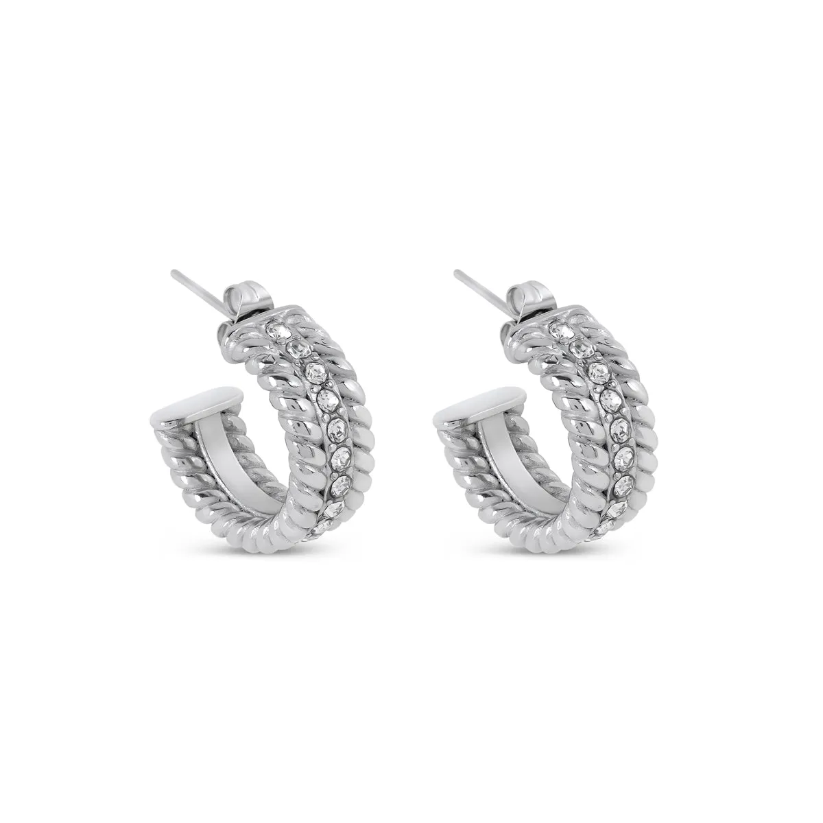 Curb Chain Stone Hoop Earrings - Silver