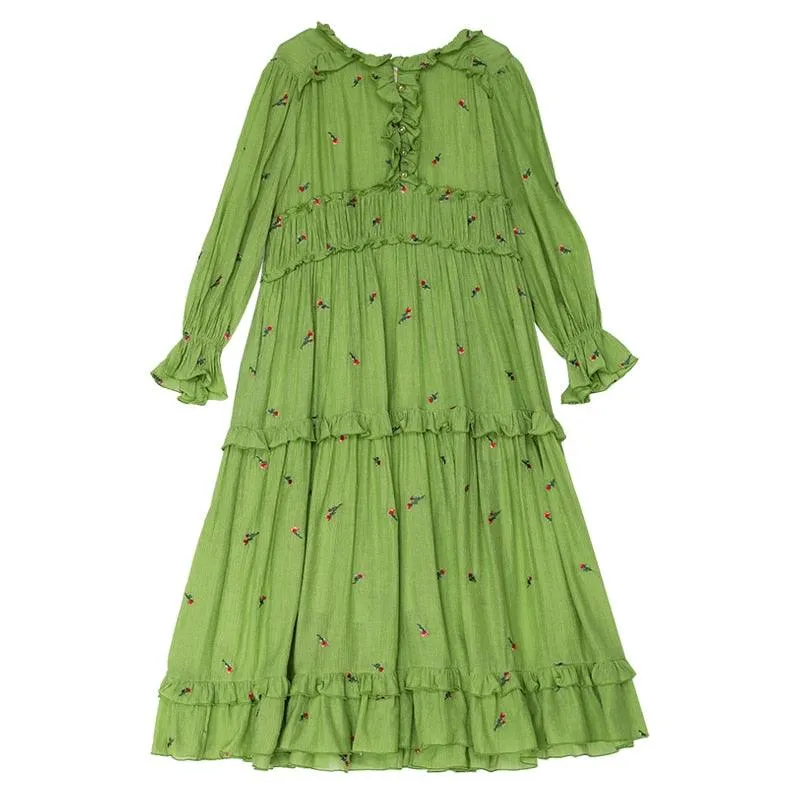 Elise Elegant Embroider Floral Green Dress Vintage Victoria Ruffles Big Swing Maxi Dress