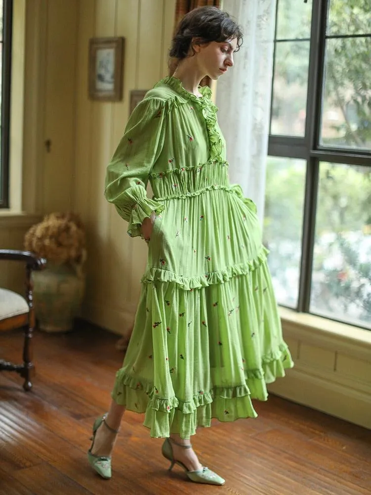 Elise Elegant Embroider Floral Green Dress Vintage Victoria Ruffles Big Swing Maxi Dress