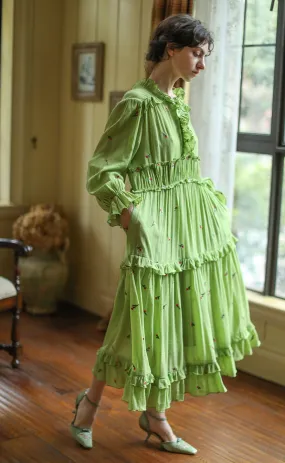 Elise Elegant Embroider Floral Green Dress Vintage Victoria Ruffles Big Swing Maxi Dress