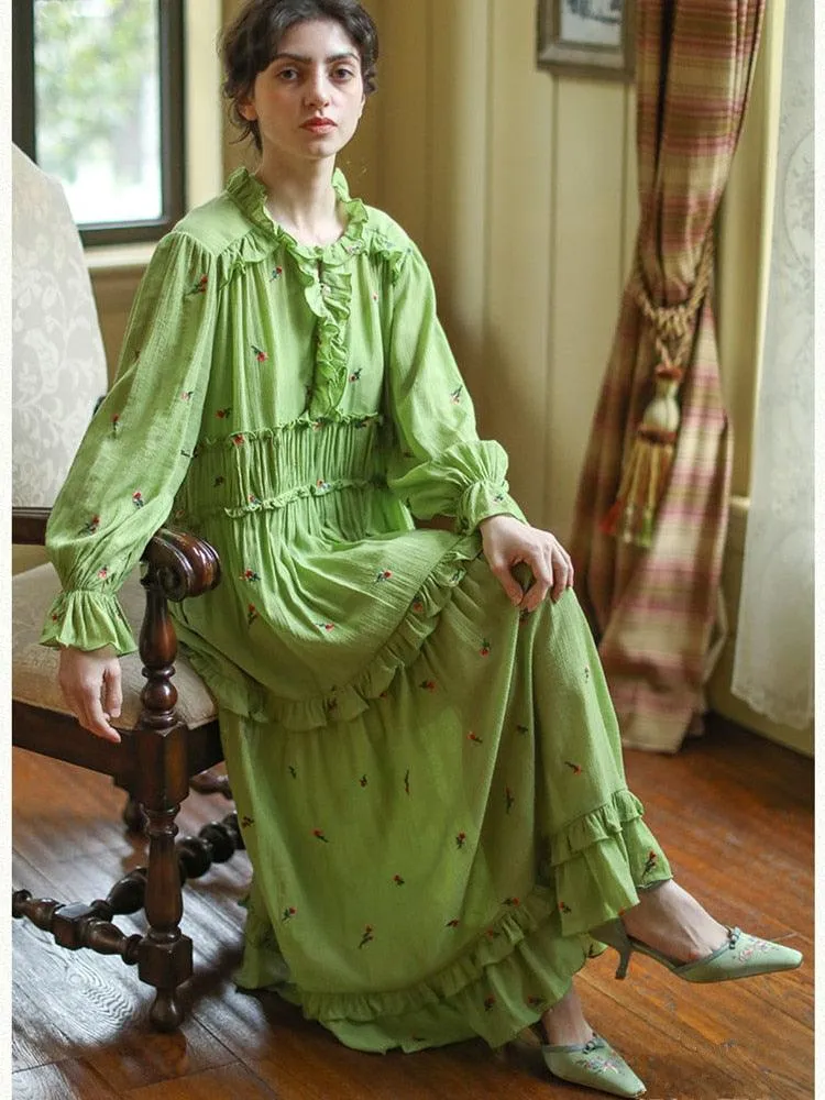 Elise Elegant Embroider Floral Green Dress Vintage Victoria Ruffles Big Swing Maxi Dress