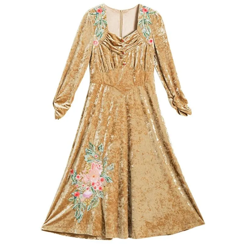 Elsie Vintage Elegant Slim Long Sleeve Sequins Embroidery Camel Long Velvet Dress