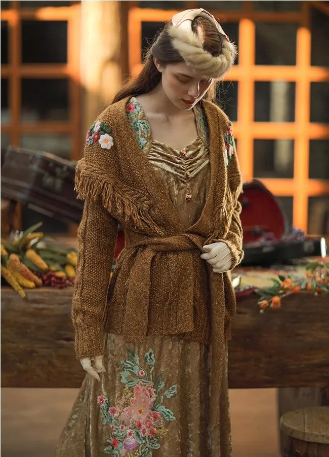 Elsie Vintage Elegant Slim Long Sleeve Sequins Embroidery Camel Long Velvet Dress