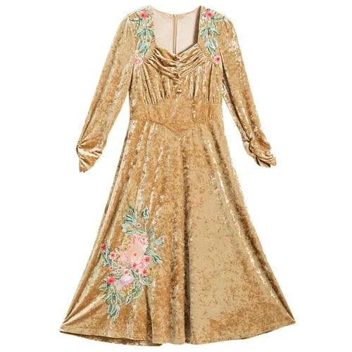 Elsie Vintage Elegant Slim Long Sleeve Sequins Embroidery Camel Long Velvet Dress