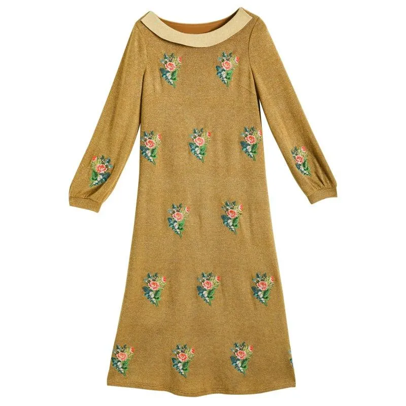 Elsie Vintage Mori Girls England Rose Embroidery Golden Thread Knitted Dress