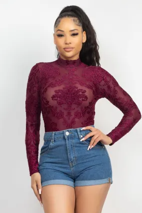 Embroidered Mock Neck Keyhole Bodysuit