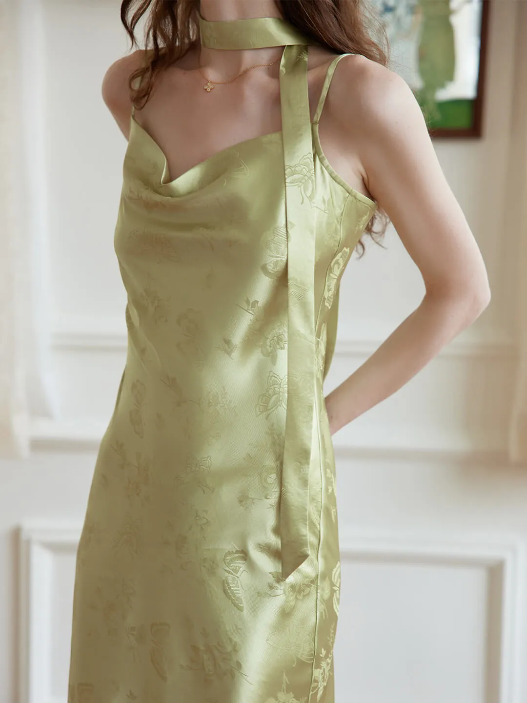 【Final Sale】Etta Retro Floral Jacquard Green Slip Dress