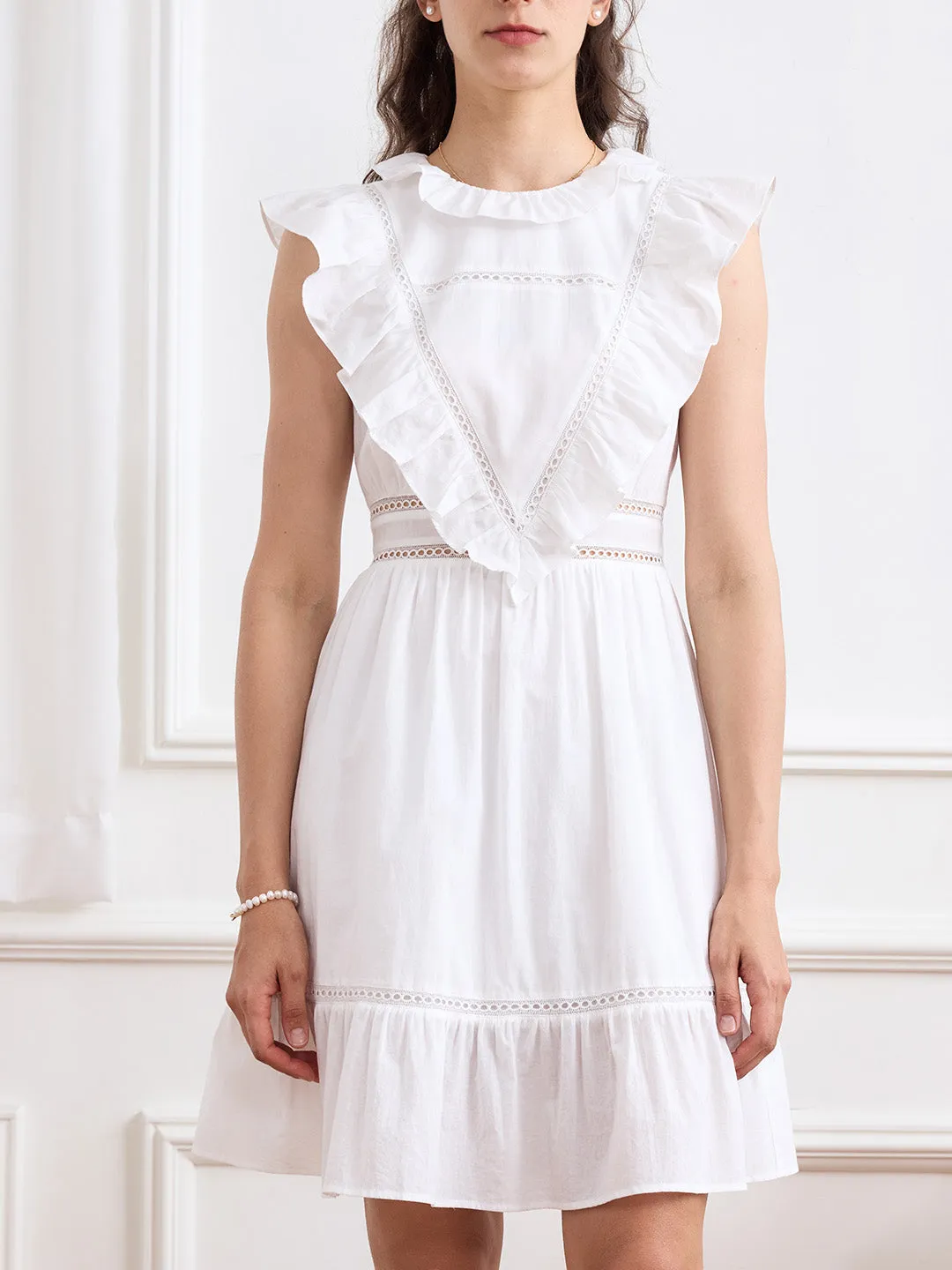 【Final Sale】Jaliyah Solid Ruffle Trim Lace Trim Dress