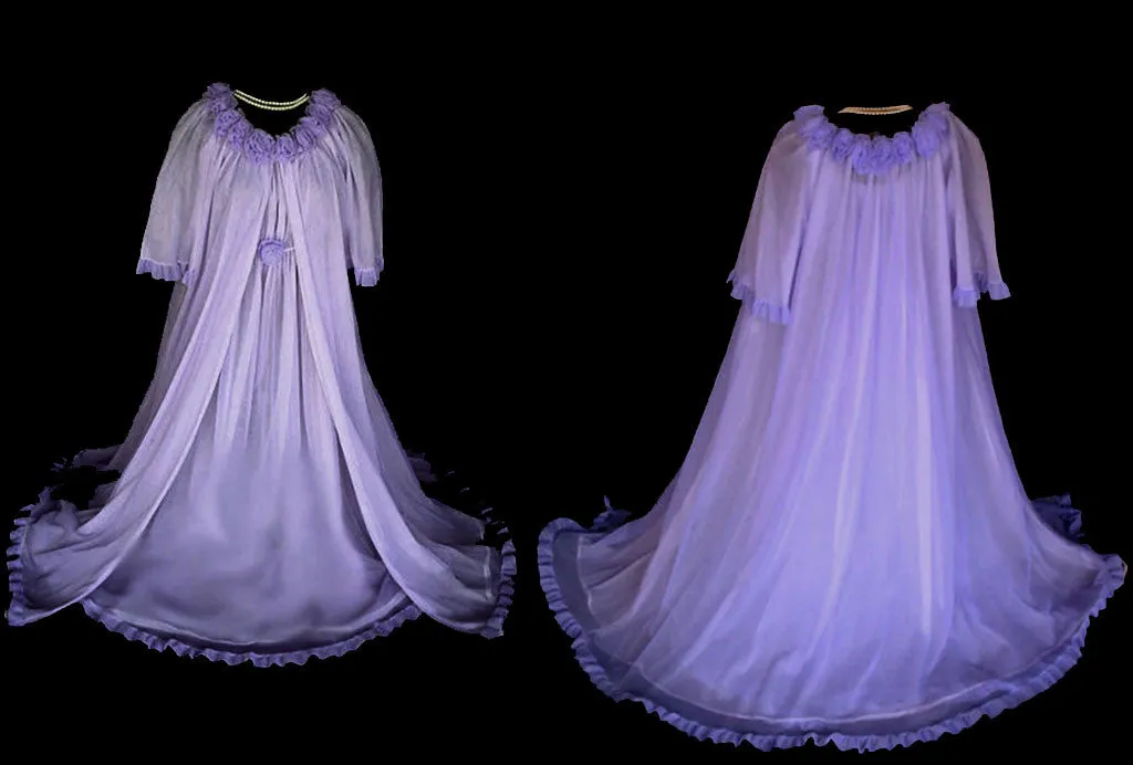 *FROM MY OWN PERSONAL COLLECTION - RARE, RARE VINTAGE JENELLE OF CALIFORNIA PEIGNOIR & NIGHTGOWN SET ADORNED WITH  DOUBLE NYLON ROSES IN FRENCH LILAC