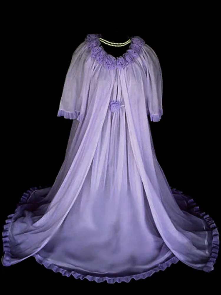 *FROM MY OWN PERSONAL COLLECTION - RARE, RARE VINTAGE JENELLE OF CALIFORNIA PEIGNOIR & NIGHTGOWN SET ADORNED WITH  DOUBLE NYLON ROSES IN FRENCH LILAC