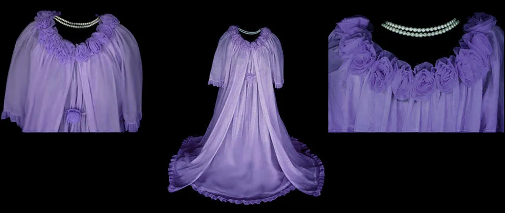 *FROM MY OWN PERSONAL COLLECTION - RARE, RARE VINTAGE JENELLE OF CALIFORNIA PEIGNOIR & NIGHTGOWN SET ADORNED WITH  DOUBLE NYLON ROSES IN FRENCH LILAC