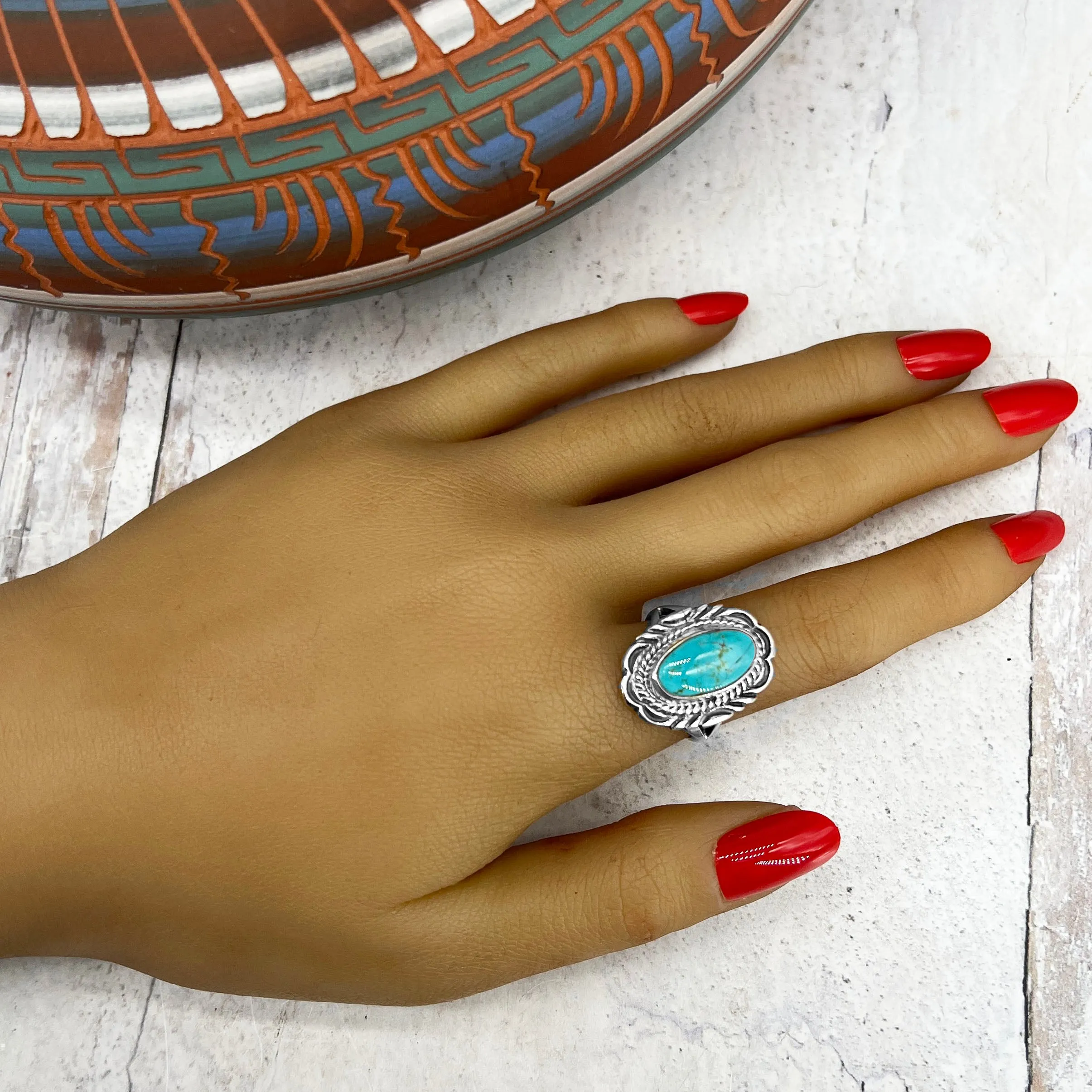 Genuine Sleeping Beauty Turquoise Ring, Size 8, Sterling Silver, Authentic Navajo Native American USA Handmade