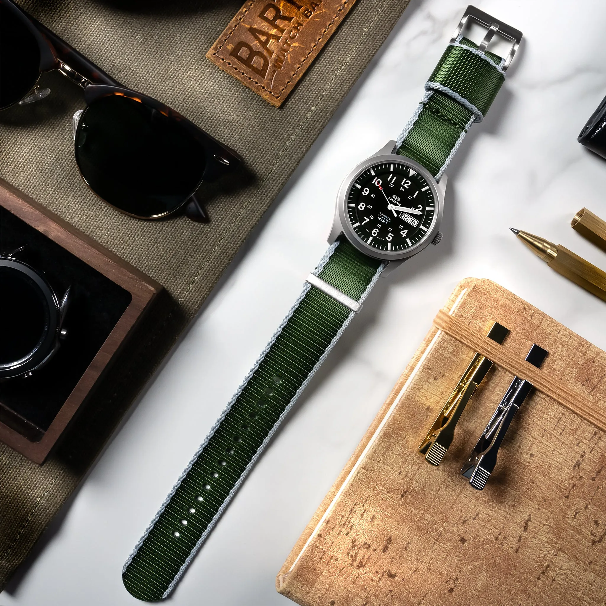 Green With Grey Edges Elite Nylon NATO® Style Watch Band (18mm, 20mm, 22mm, 24mm SALE)