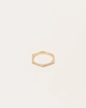 Hex Ring with White Diamonds in 14k Yellow Gold