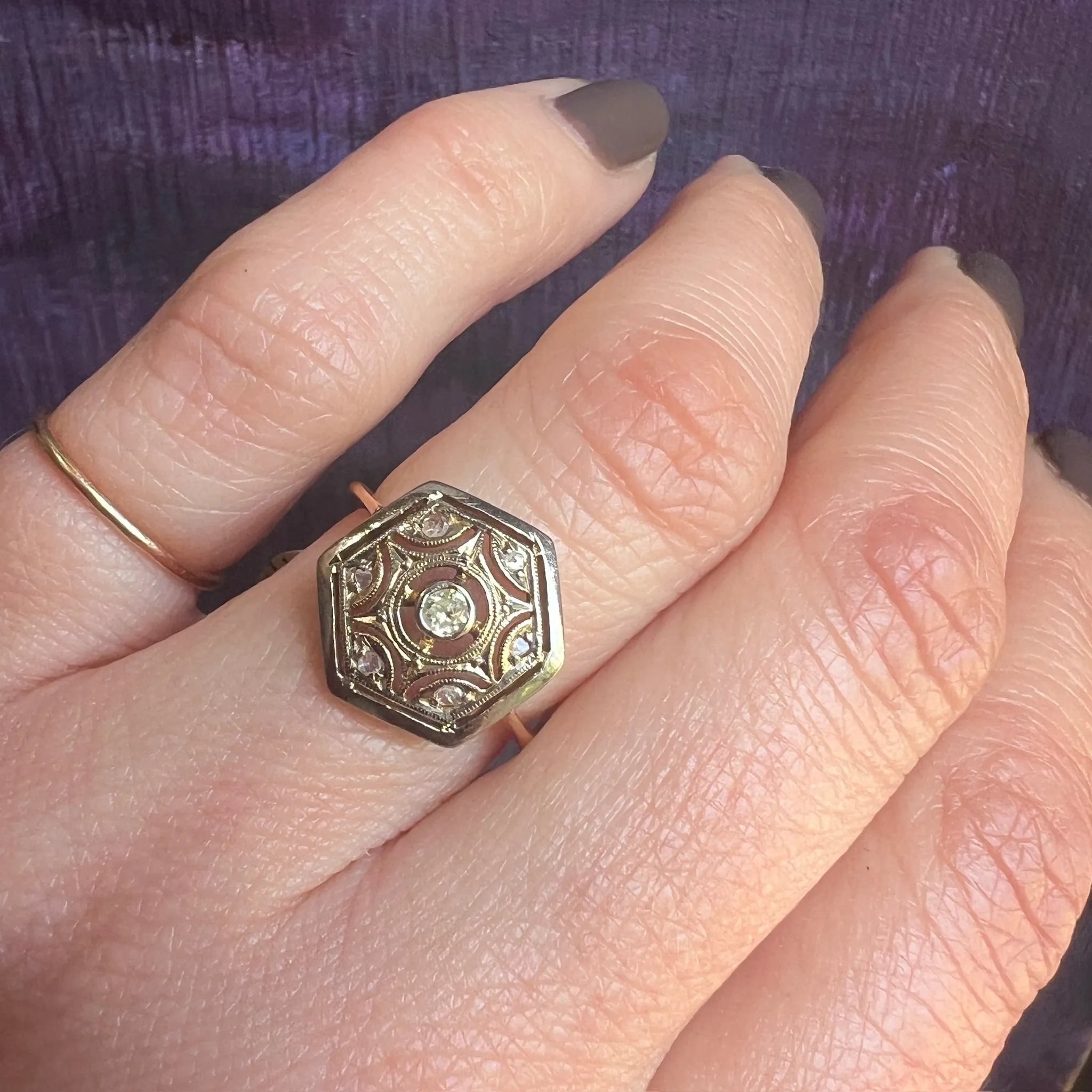 Lacy Platinum Hexagon on 18k Diamond Edwardian Ring