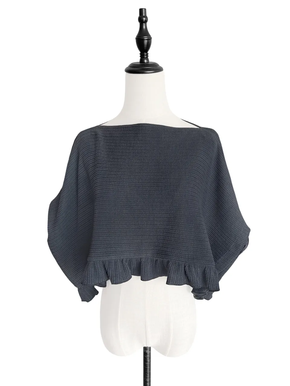 Last Chance! Asphalt Grey Drop Sleeve Boxy Frilly Crop Top