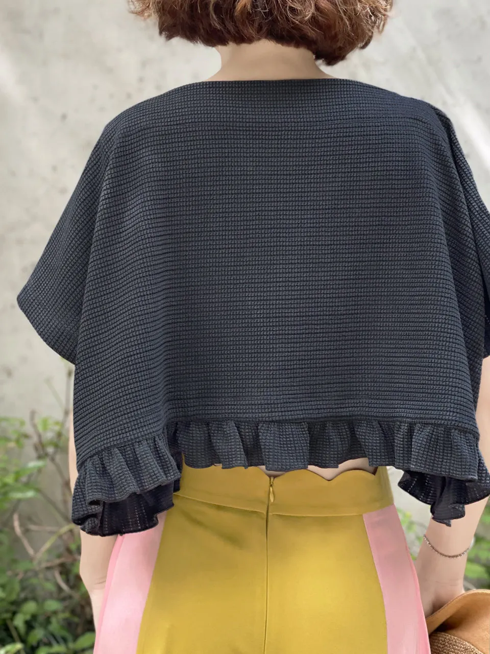 Last Chance! Asphalt Grey Drop Sleeve Boxy Frilly Crop Top