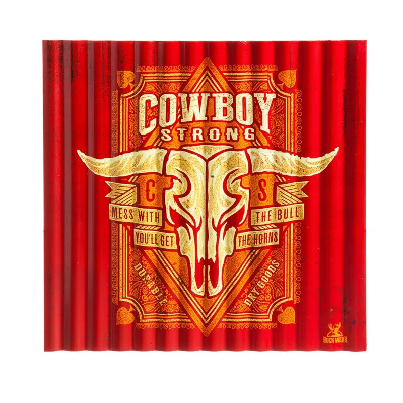 "Cowboy Strong" Corrugated Metal Sign with Longhorn Skull