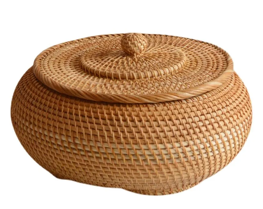 Rattan Storage Basket for Kitchen, Storage Basket for Picnic, Small Storage Baskets, Round Storage Basket with Lid, Woven Storage Baskets