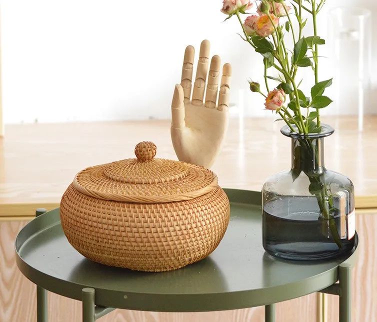 Rattan Storage Basket for Kitchen, Storage Basket for Picnic, Small Storage Baskets, Round Storage Basket with Lid, Woven Storage Baskets