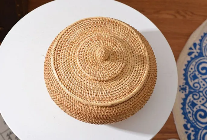 Rattan Storage Basket for Kitchen, Storage Basket for Picnic, Small Storage Baskets, Round Storage Basket with Lid, Woven Storage Baskets