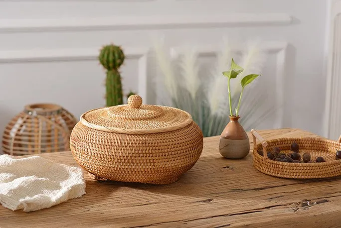 Rattan Storage Basket for Kitchen, Storage Basket for Picnic, Small Storage Baskets, Round Storage Basket with Lid, Woven Storage Baskets