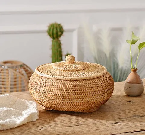 Rattan Storage Basket for Kitchen, Storage Basket for Picnic, Small Storage Baskets, Round Storage Basket with Lid, Woven Storage Baskets