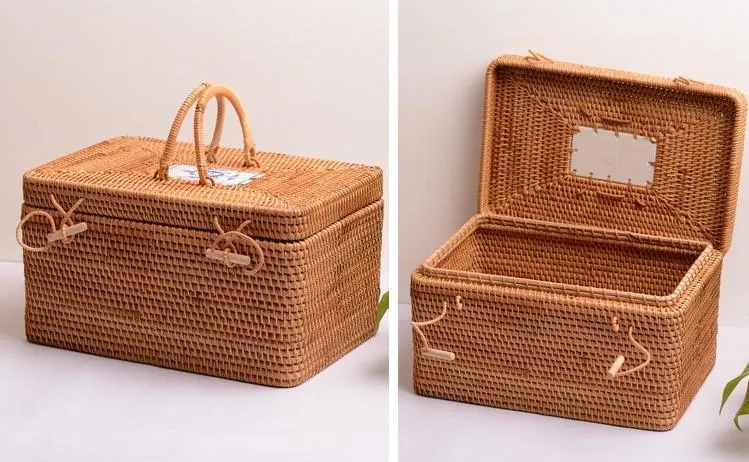 Rattan Wicker Serving Basket, Storage Baskets for Picnic, Kitchen Storage Baskets, Woven Storage Baskets with Lid